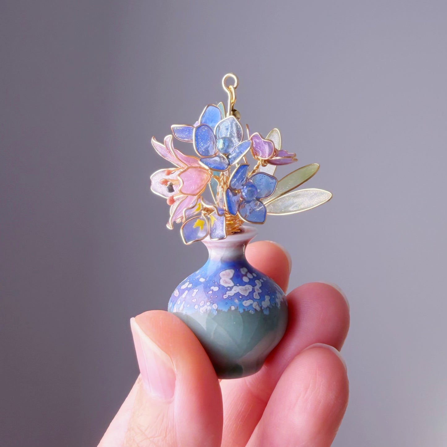 Handmade Pink Lily Hydrangeas Bluebell Flowers in Ceramic Vase Earrings