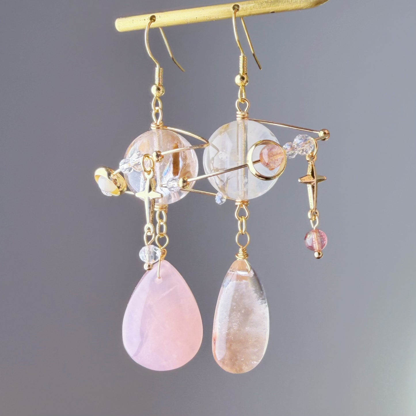 Handmade Phantom Quartz Crystal Planet with Rose Quartz Teardrop Celestial Earrings