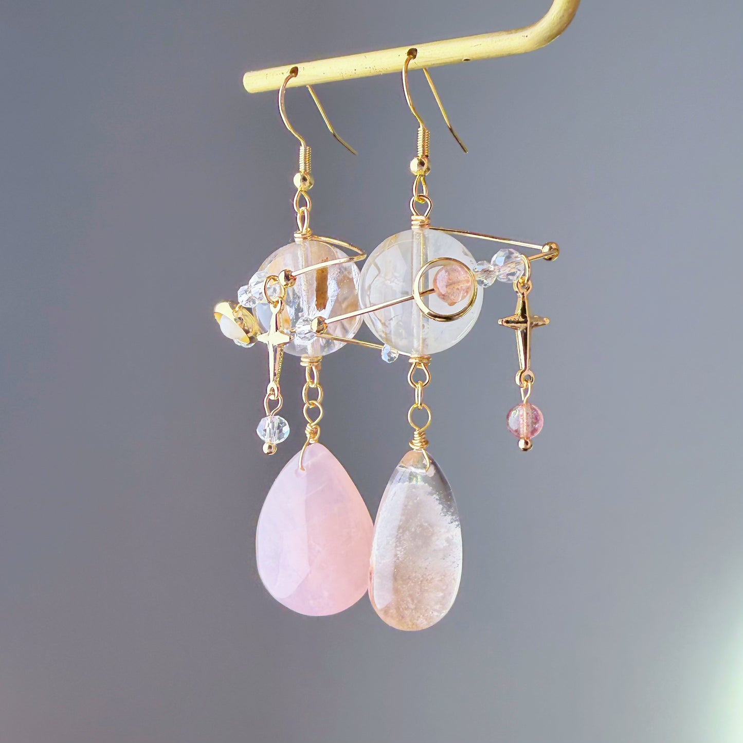 Handmade Phantom Quartz Crystal Planet with Rose Quartz Teardrop Celestial Earrings