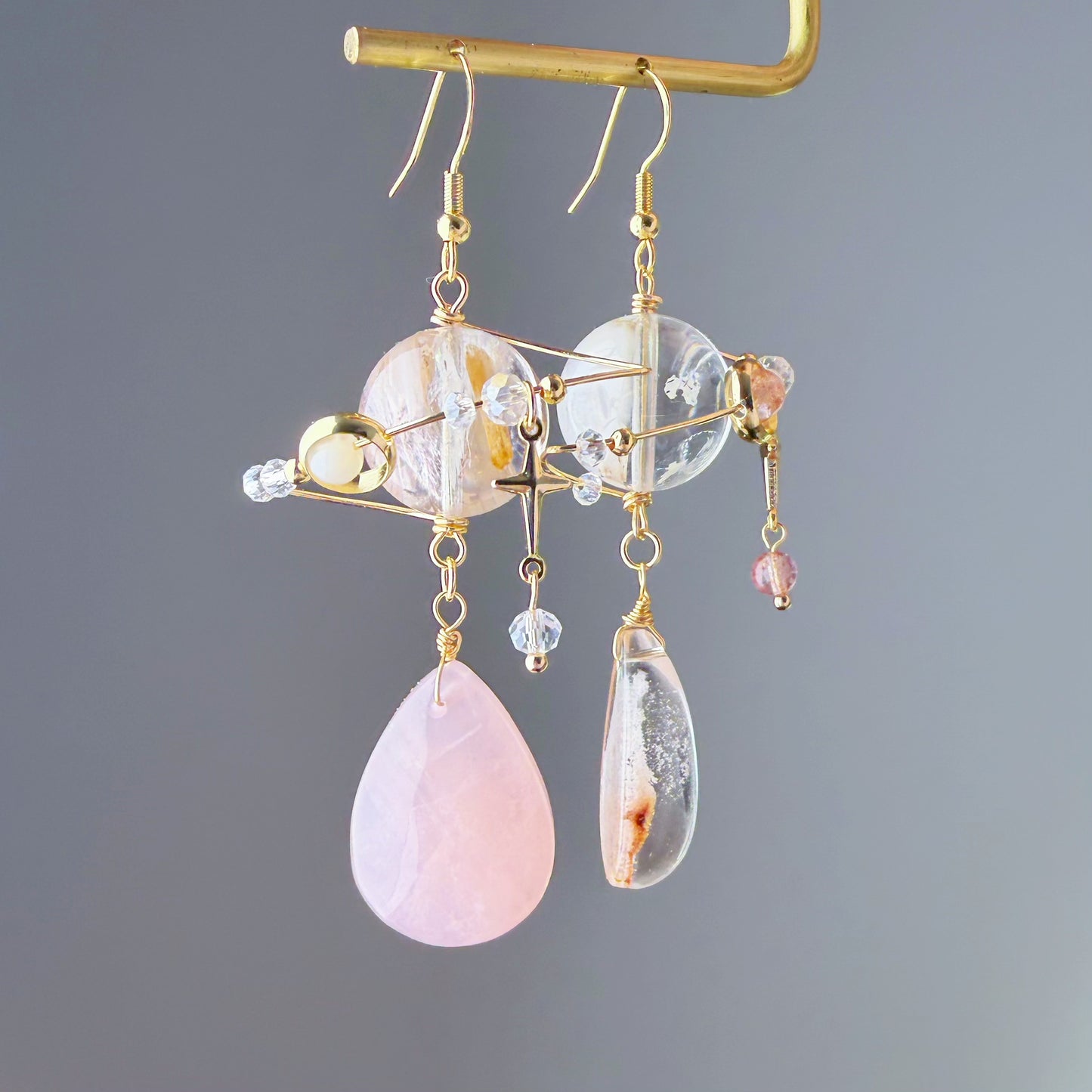 Handmade Phantom Quartz Crystal Planet with Rose Quartz Teardrop Celestial Earrings