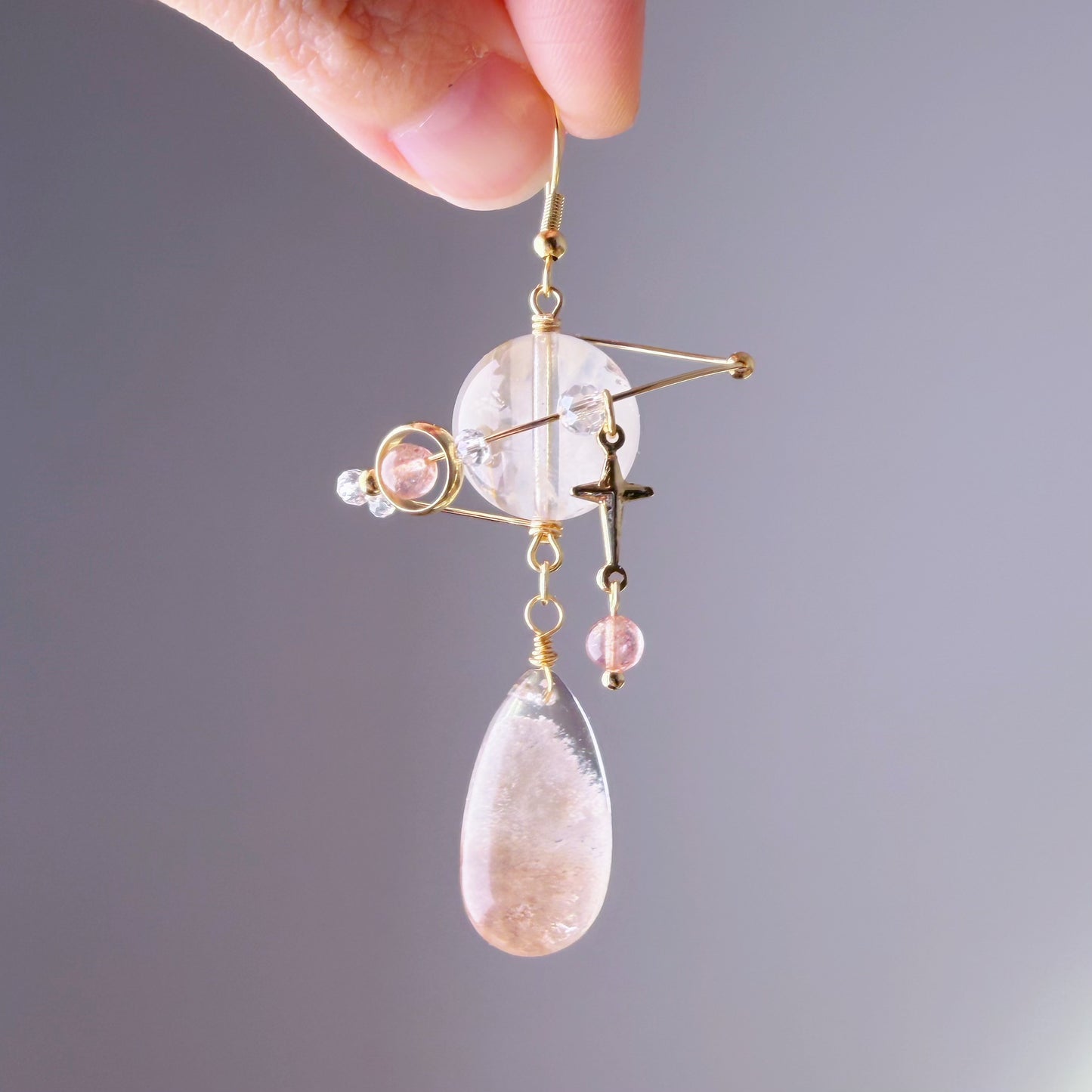 Handmade Phantom Quartz Crystal Planet with Rose Quartz Teardrop Celestial Earrings