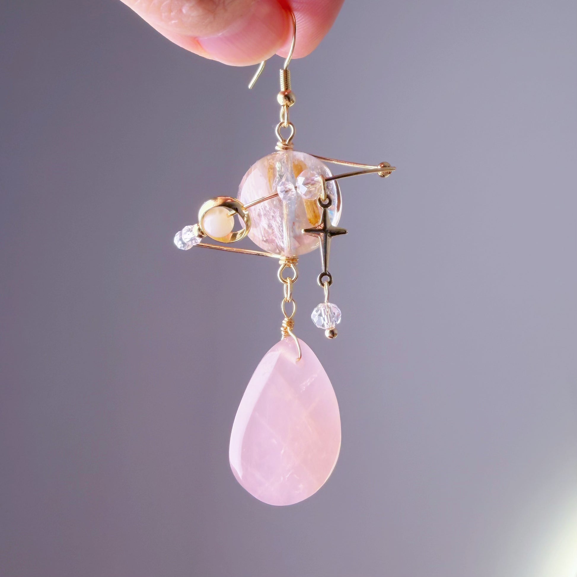 小物・アクセサリー Rose Crystal Handmade Phantom Quartz Crystal Planet with Rose Quartz Teardrop