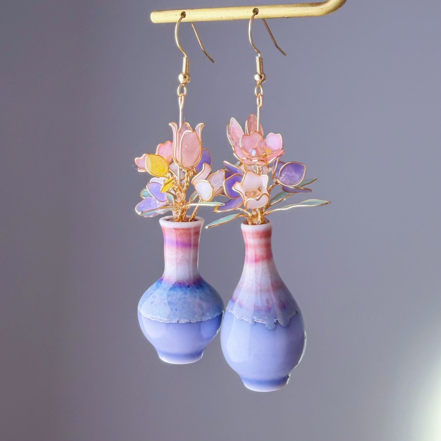 Handmade Spring Flowers Cherry Blossom Tulip Bellflowers in Ceramic Vase Earrings