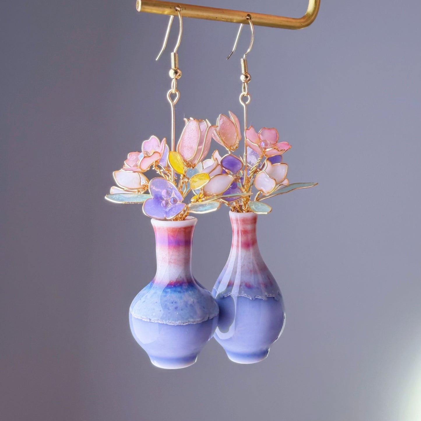 Handmade Spring Flowers Cherry Blossom Tulip Bellflowers in Ceramic Vase Earrings