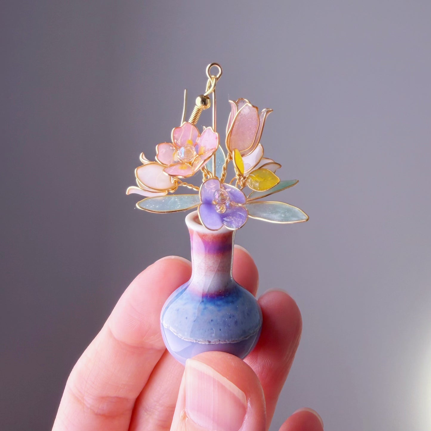 Handmade Spring Flowers Cherry Blossom Tulip Bellflowers in Ceramic Vase Earrings