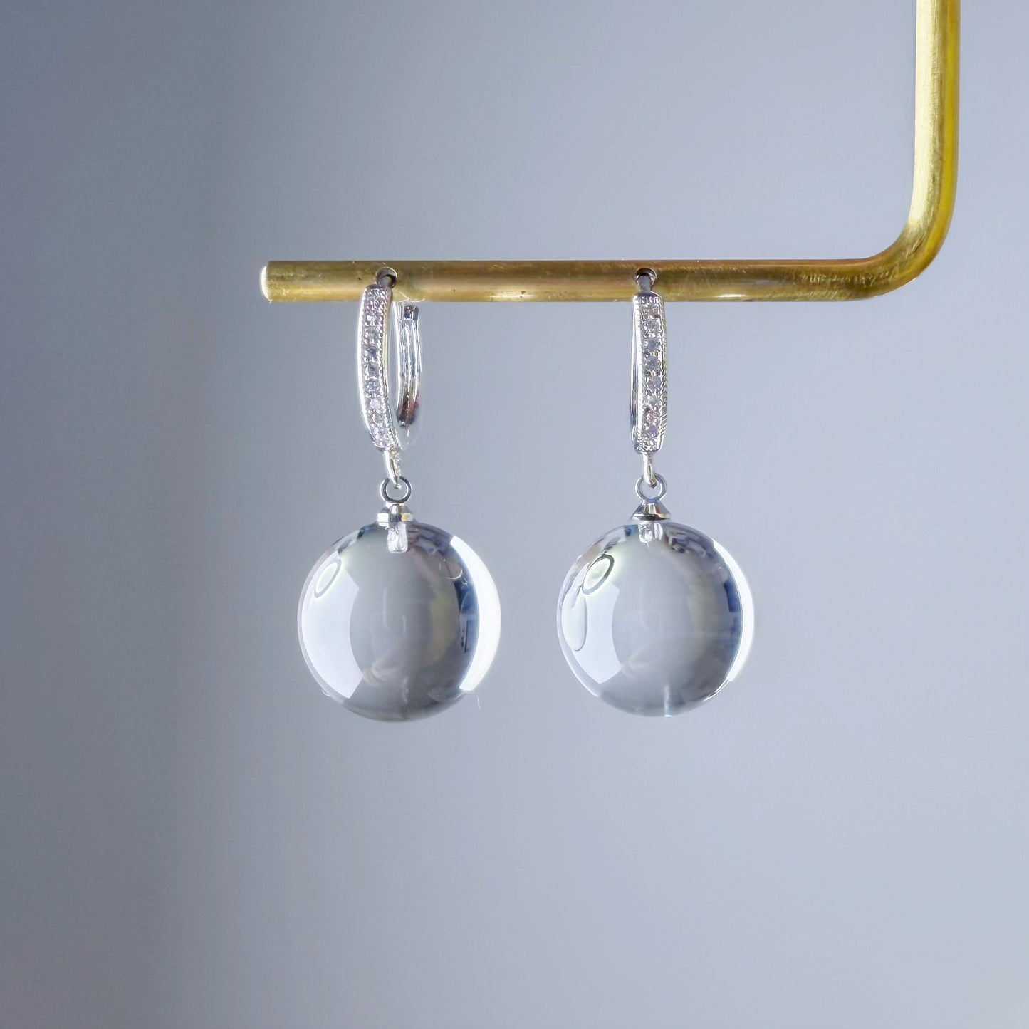 Handmade Natural Clear Quartz Globe Bubble Hoop Earrings