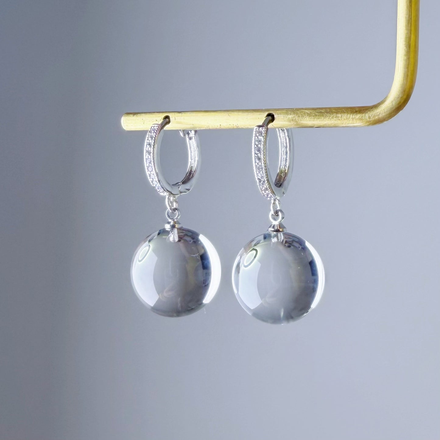 Handmade Natural Clear Quartz Globe Bubble Hoop Earrings