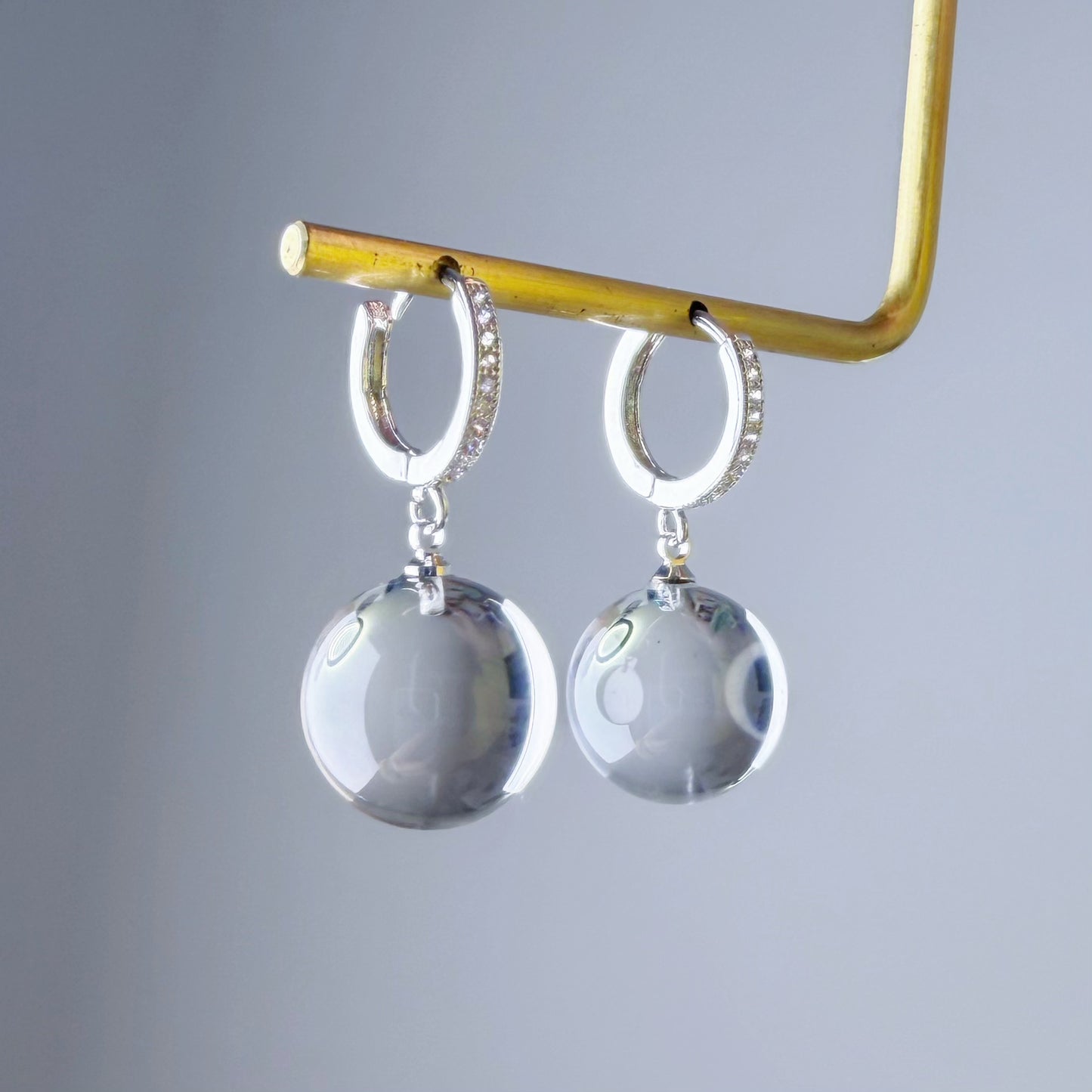Handmade Natural Clear Quartz Globe Bubble Hoop Earrings