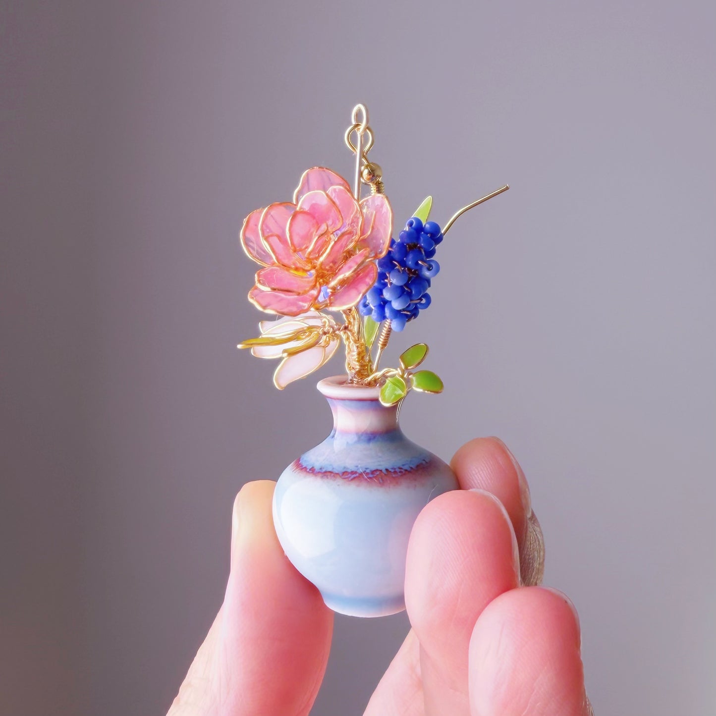 Handmade Pink Roses Grape Hyacinth Bellflower in Ceramic Vase Earrings