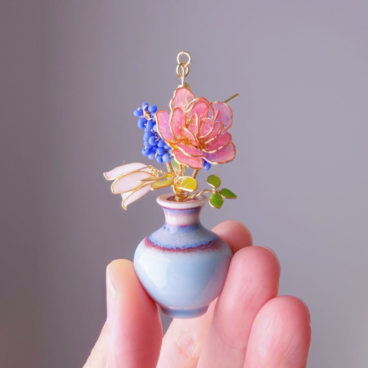 Handmade Pink Roses Grape Hyacinth Bellflower in Ceramic Vase Earrings