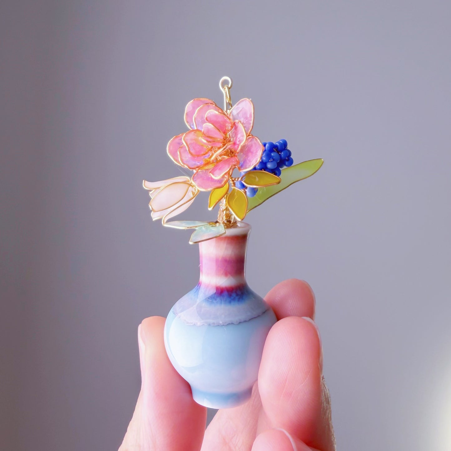 Handmade Pink Roses Grape Hyacinth Bellflower in Ceramic Vase Earrings