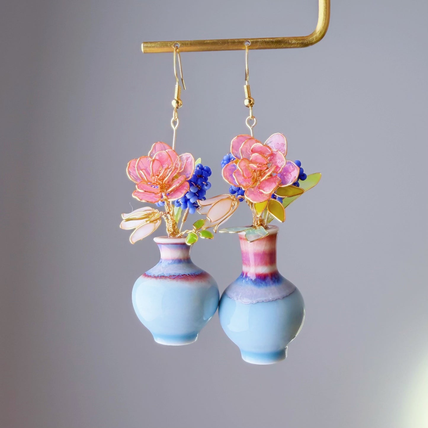Handmade Pink Roses Grape Hyacinth Bellflower in Ceramic Vase Earrings