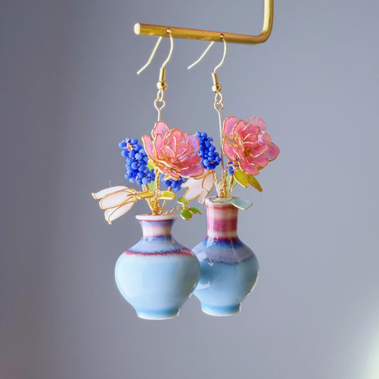 Handmade Pink Roses Grape Hyacinth Bellflower in Ceramic Vase Earrings