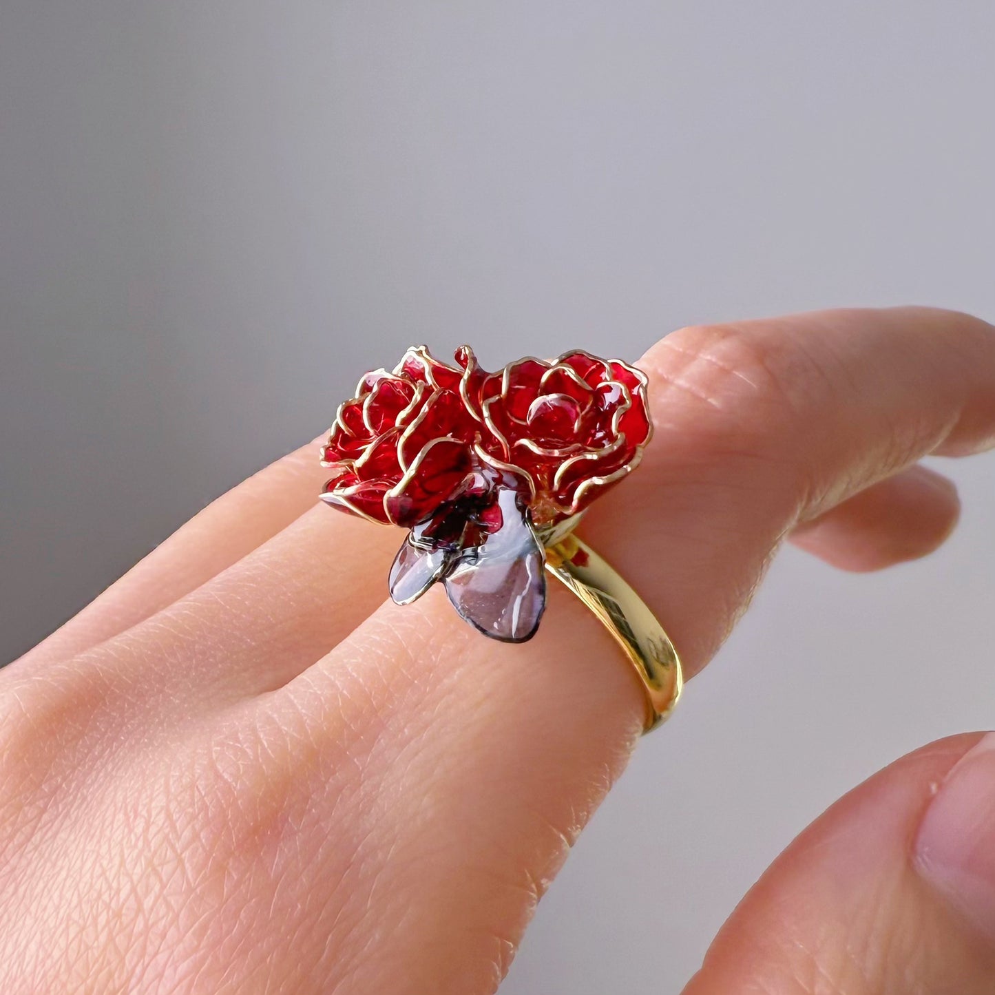 Handmade Red Rose Two Flowers Ring