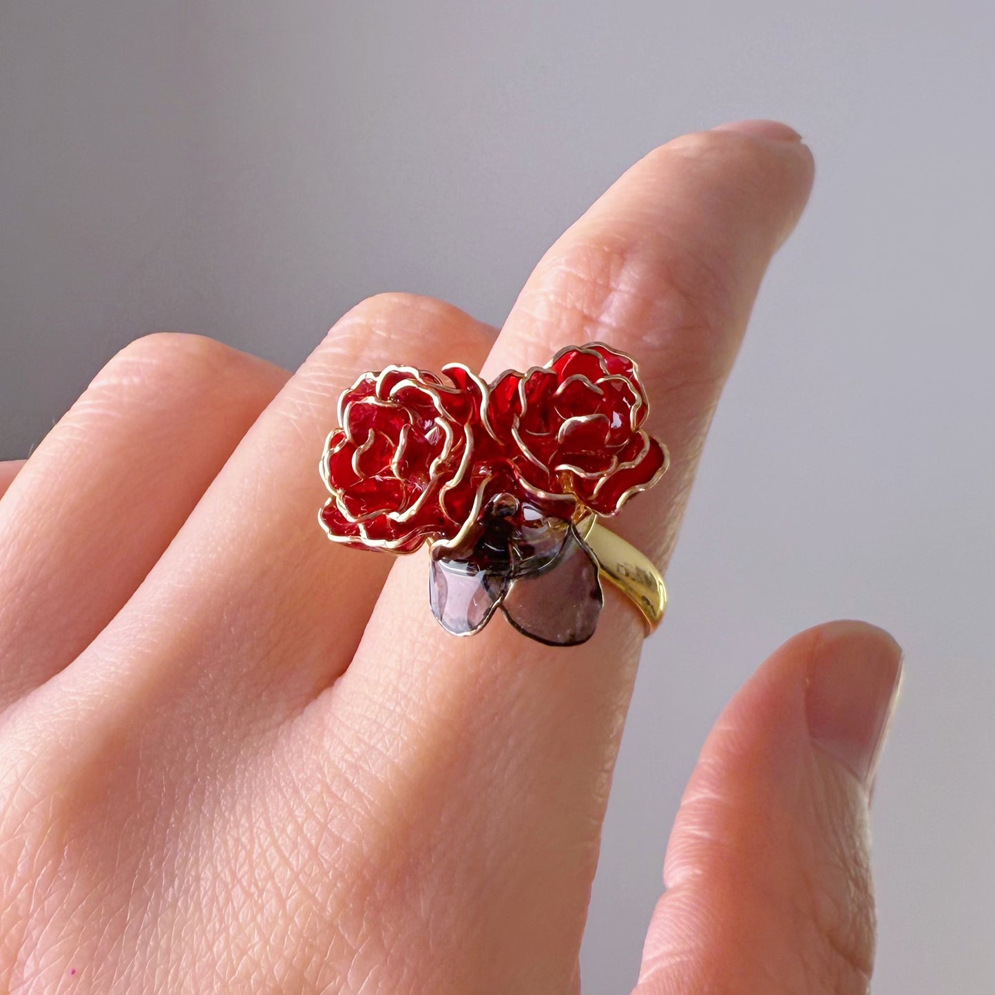 Handmade Red Rose Two Flowers Ring