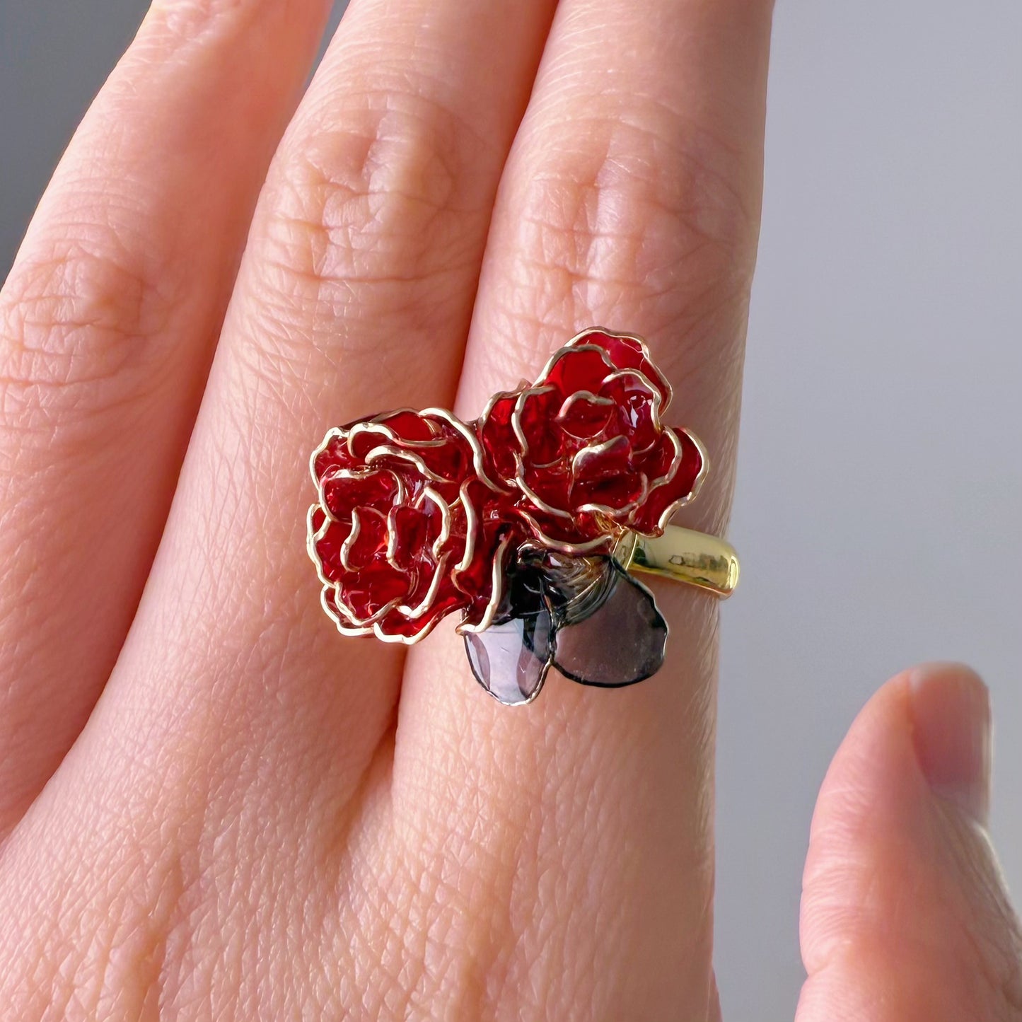 Handmade Red Rose Two Flowers Ring