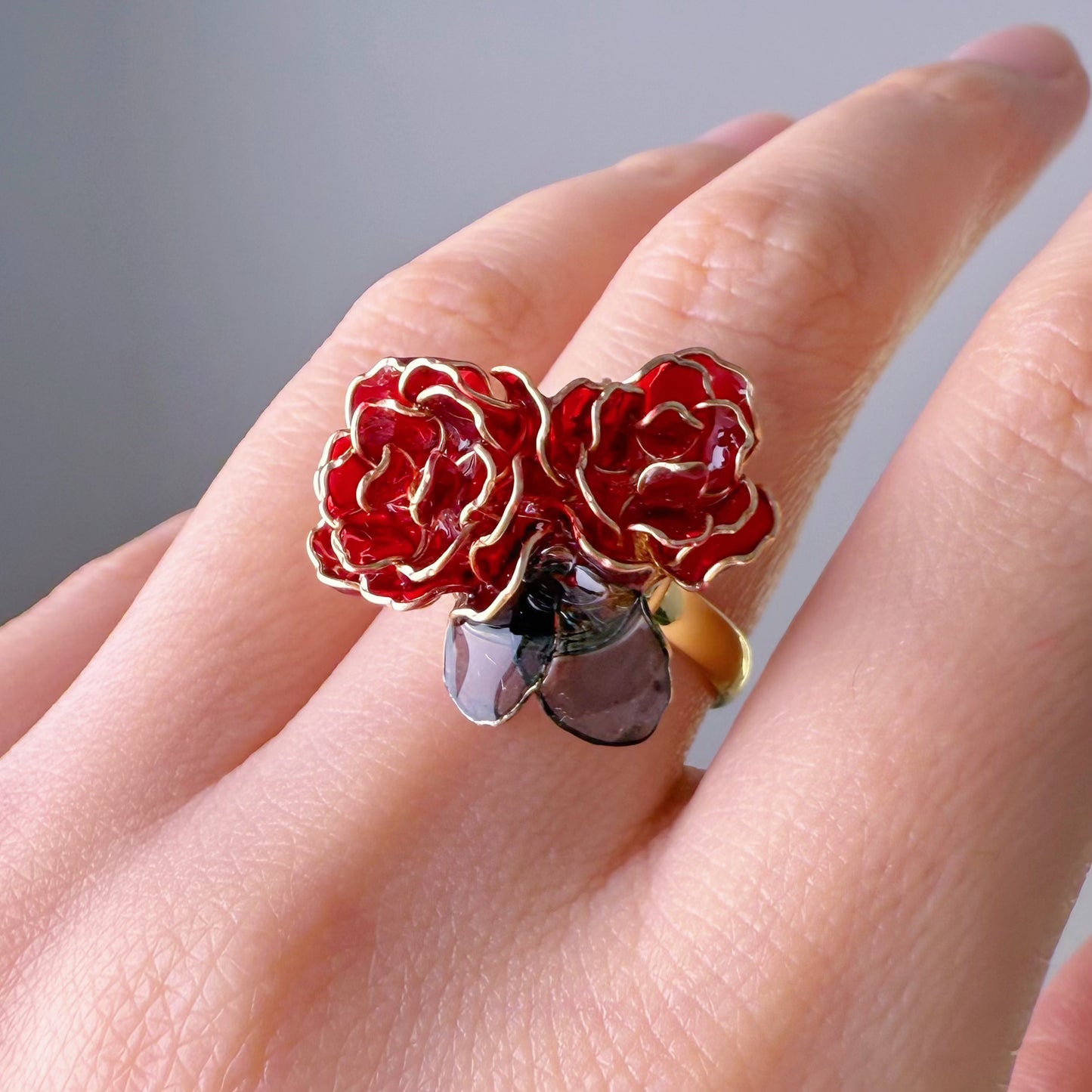 Handmade Red Rose Two Flowers Ring