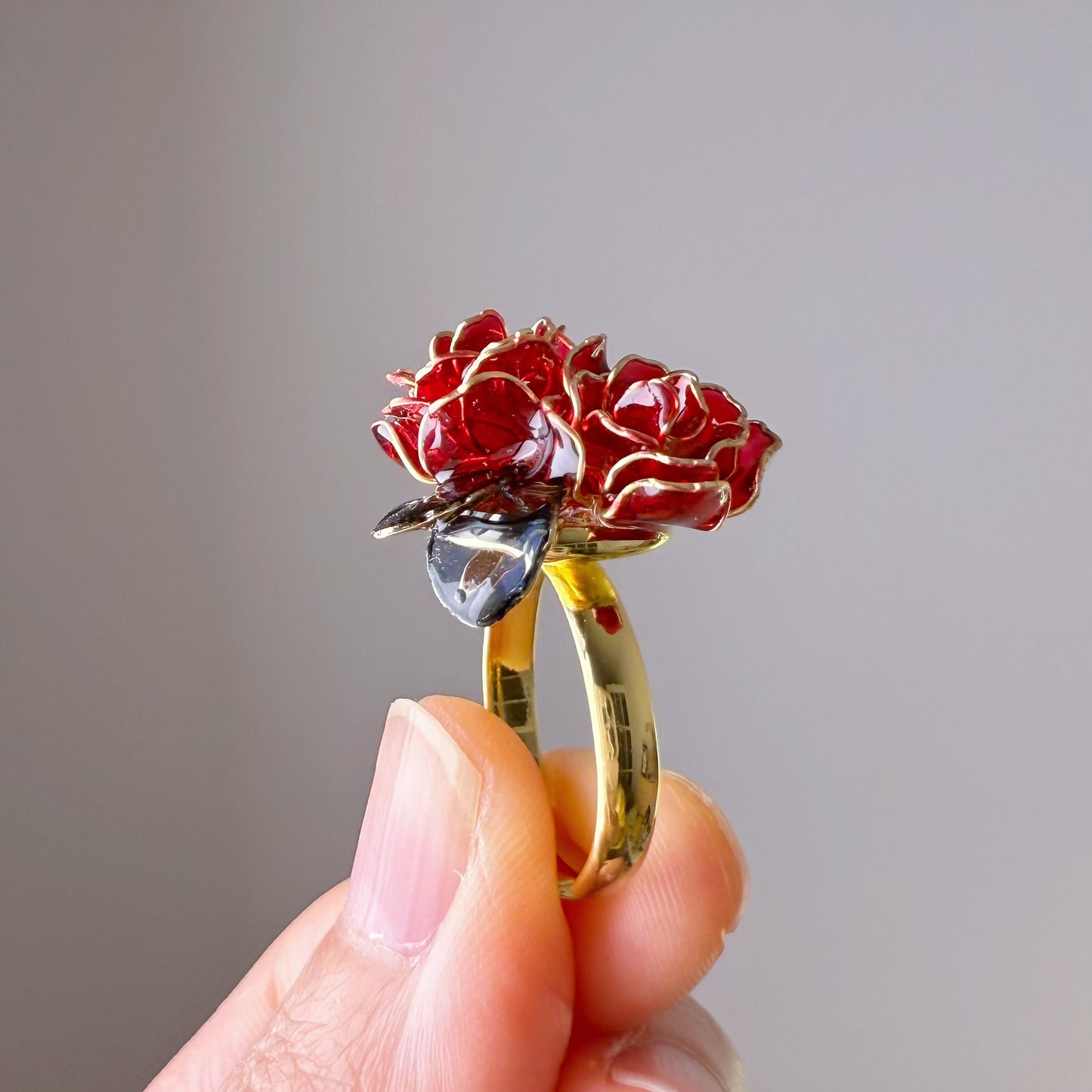 Handmade Red Rose Two Flowers Ring