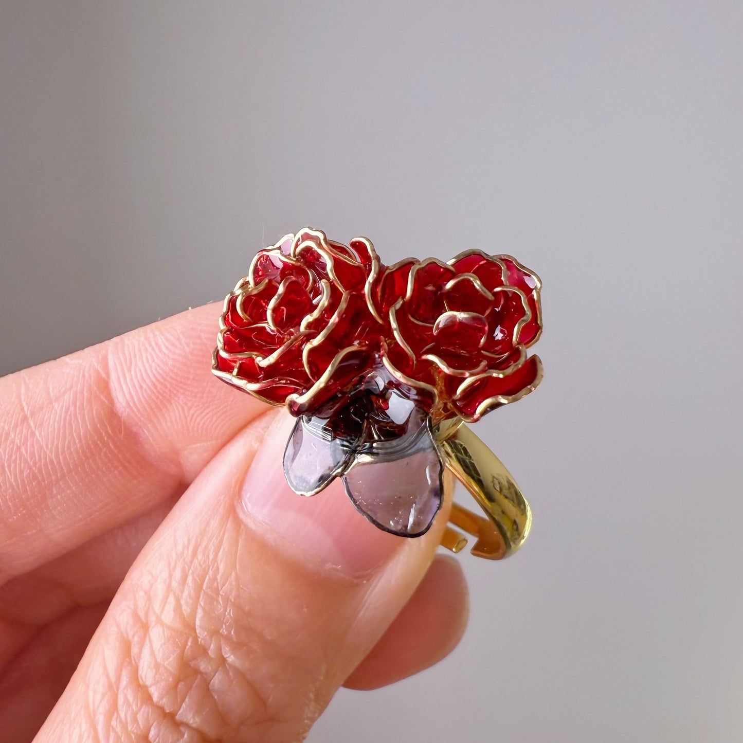 Handmade Red Rose Two Flowers Ring