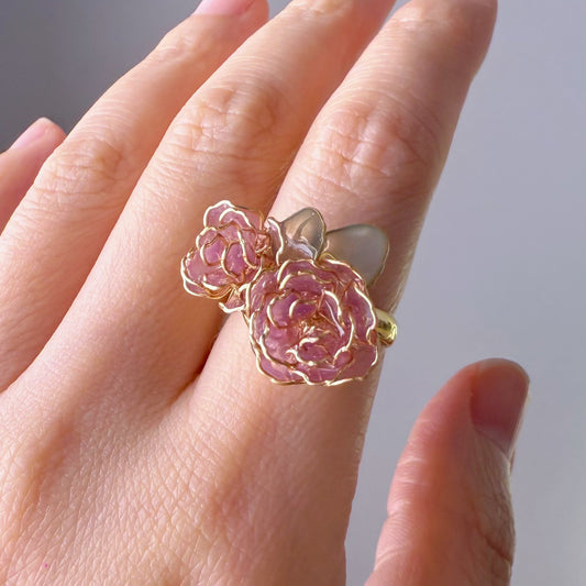 Handmade Purple Rose Two Flowers Ring