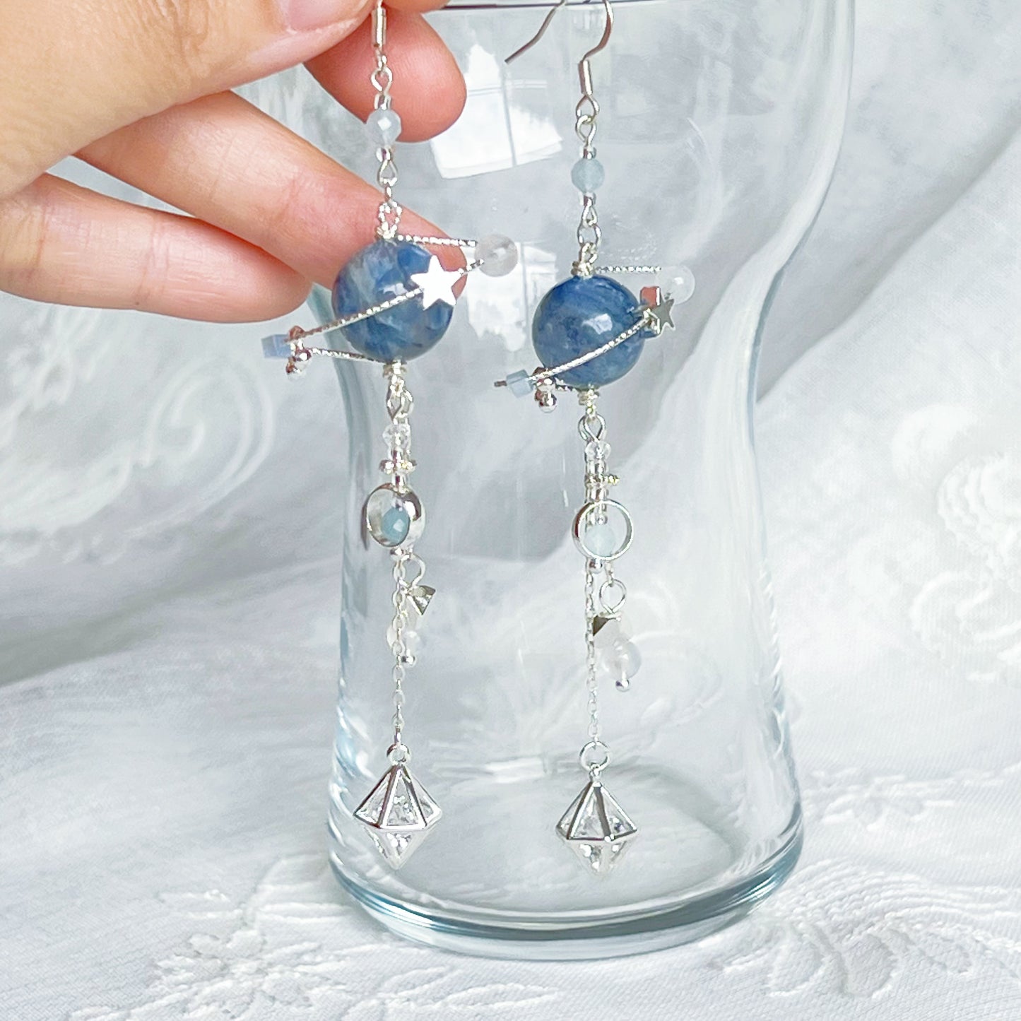 Silver Kyanite Crystal Planet Drop Earrings-Ninaouity