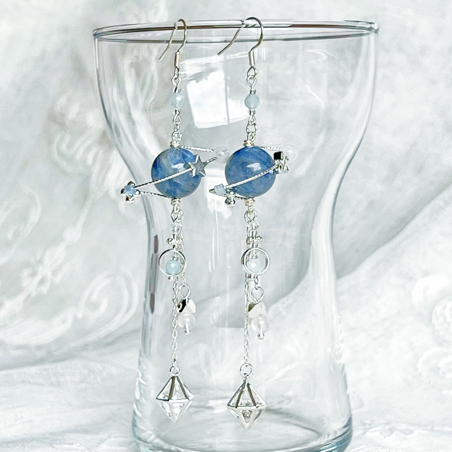 Silver Kyanite Crystal Planet Drop Earrings-Ninaouity