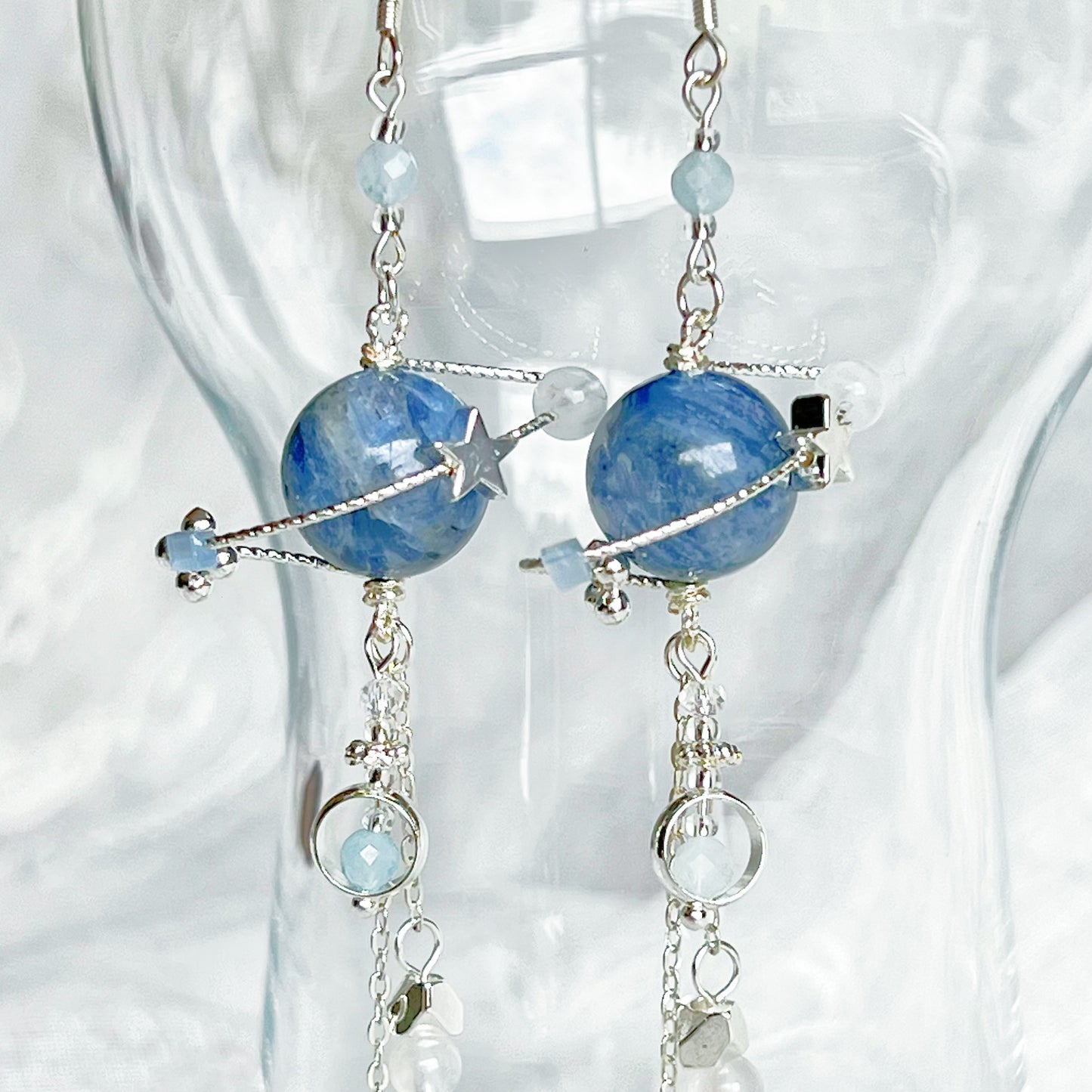 Silver Kyanite Crystal Planet Drop Earrings-Ninaouity