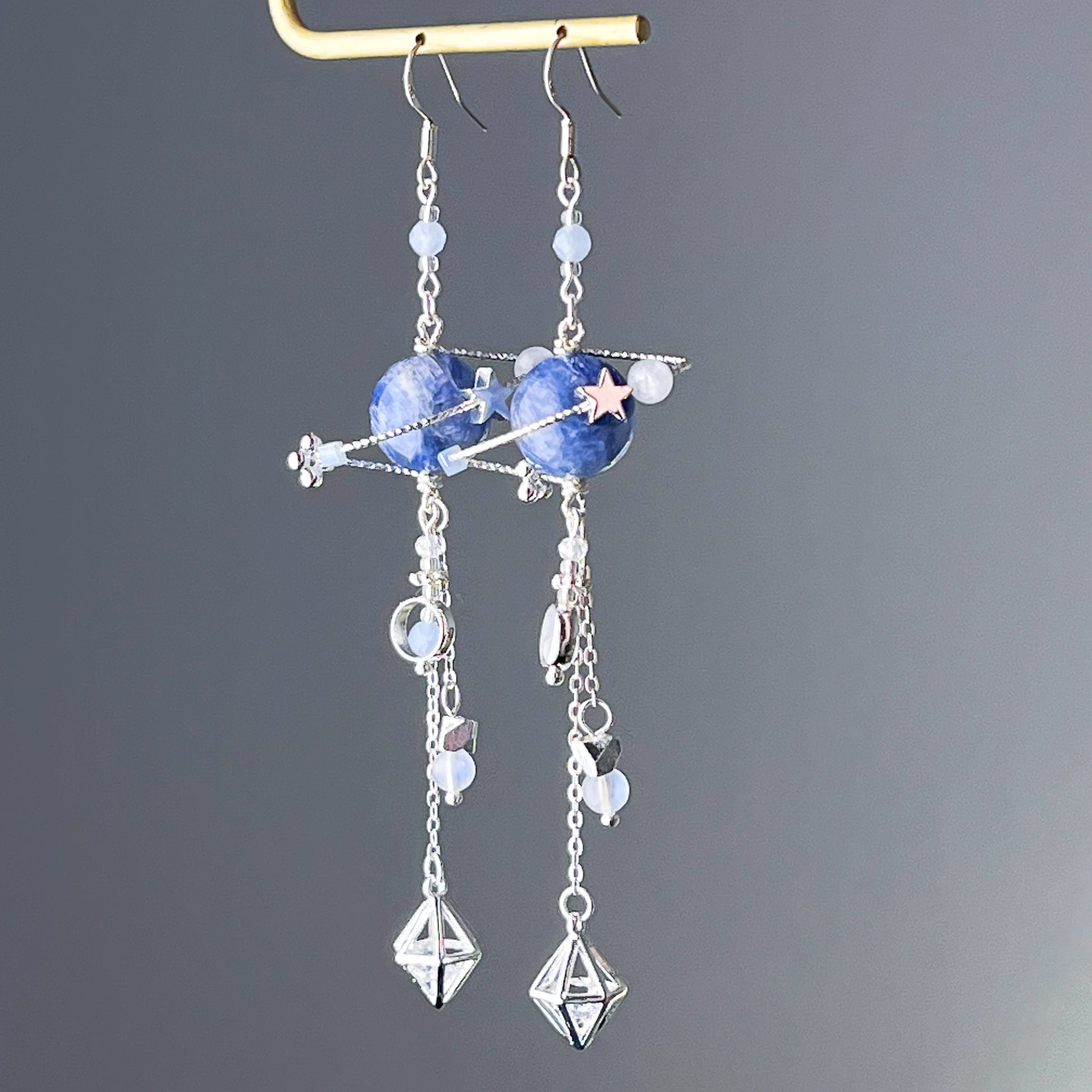 Silver Kyanite Crystal Planet Drop Earrings-Ninaouity