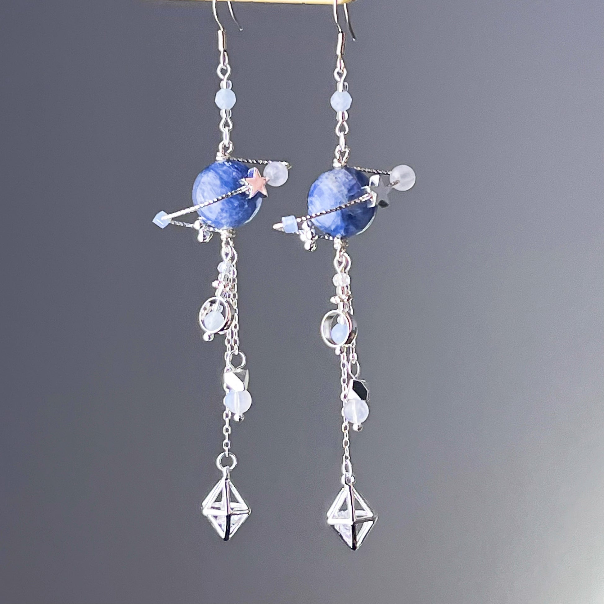 Silver Kyanite Crystal Planet Drop Earrings-Ninaouity