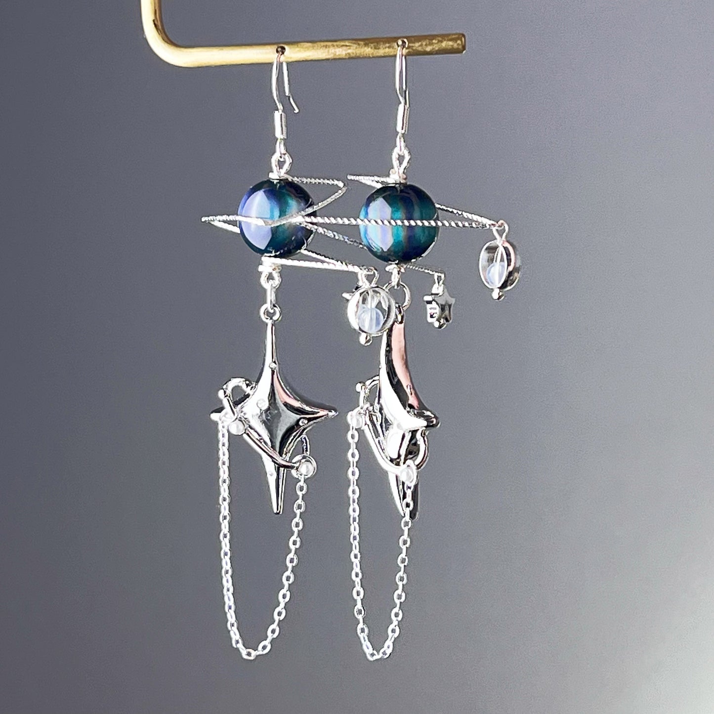 Silver Green Planet and Pole Star Earrings-Ninaouity