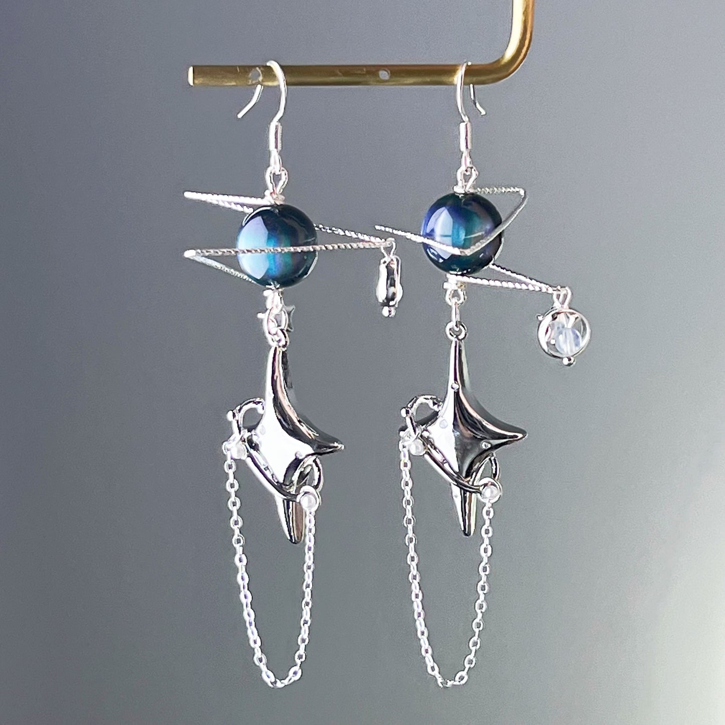 Silver Green Planet and Pole Star Earrings-Ninaouity