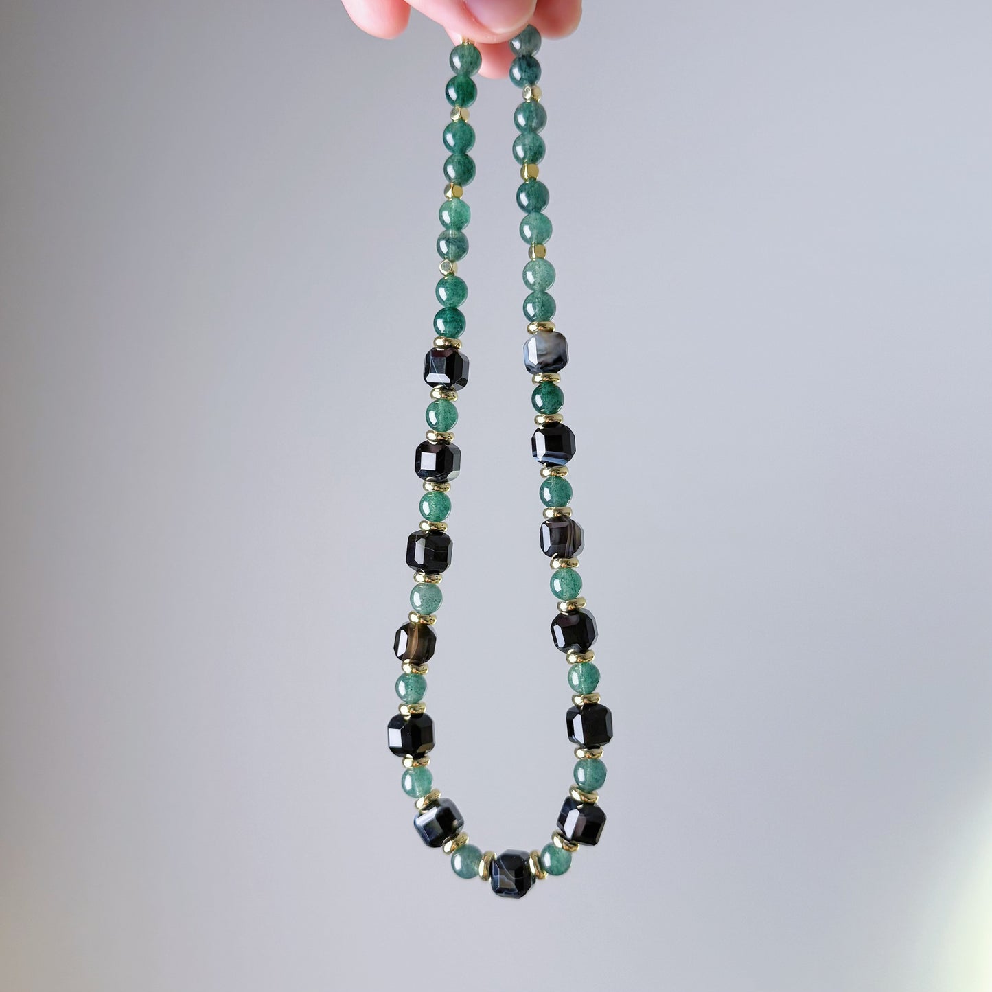 Handmade Black Agate and Green Strawberry Quartz Crystal Necklace Bracelet