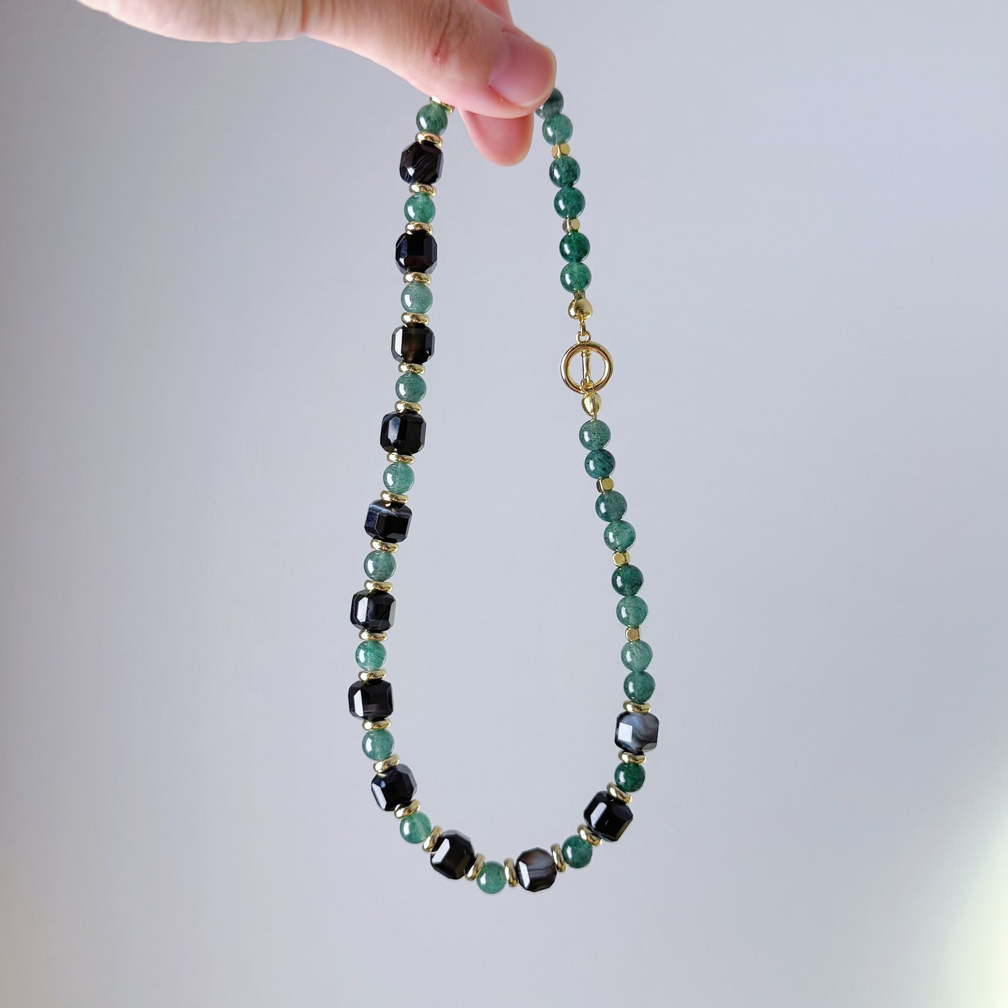 Handmade Black Agate and Green Strawberry Quartz Crystal Necklace Bracelet