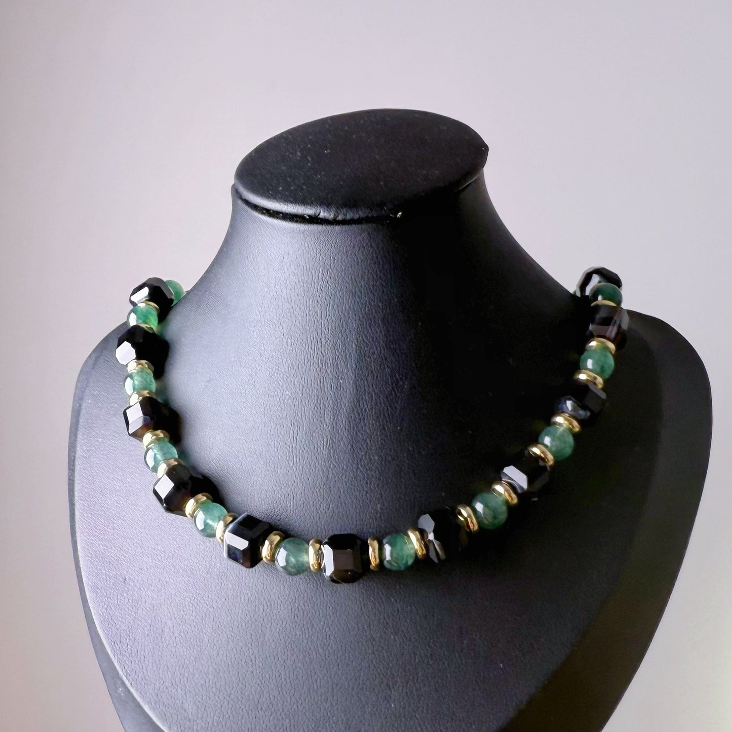 Handmade Black Agate and Green Strawberry Quartz Crystal Necklace Bracelet