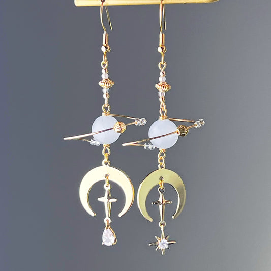 White Cat Eye Stone Planet and Moon Earrings-Ninaouity