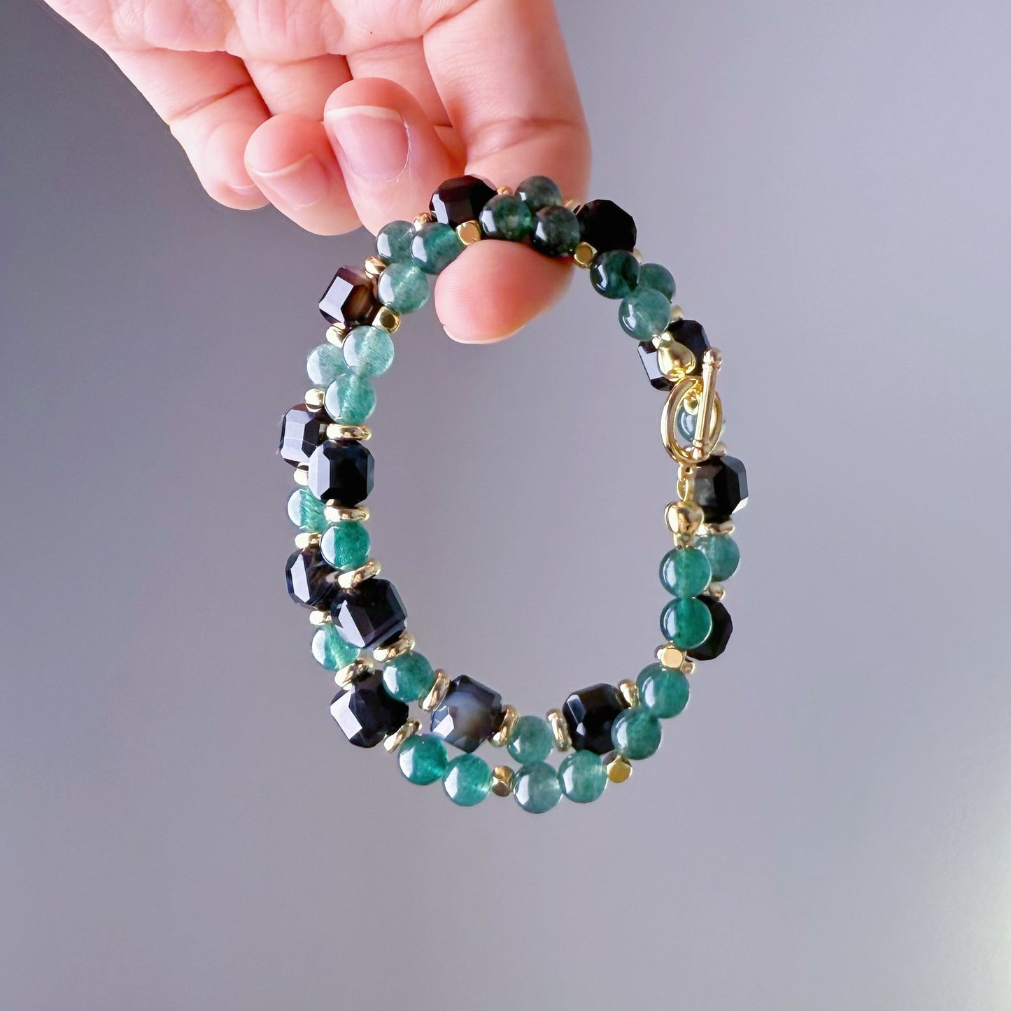 Handmade Black Agate and Green Strawberry Quartz Crystal Necklace Bracelet