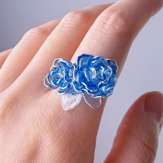 Handmade Blue Roses Two Flowers Ring