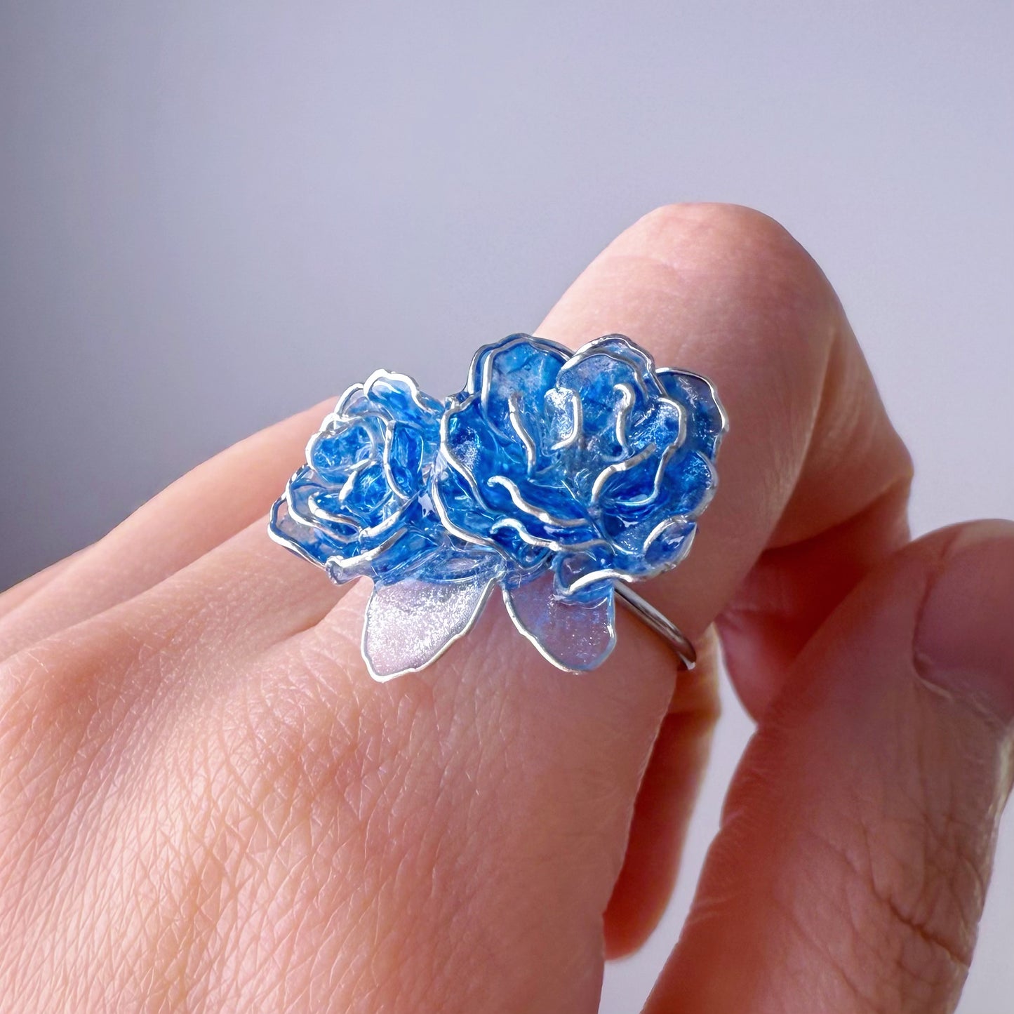 Handmade Blue Roses Two Flowers Ring