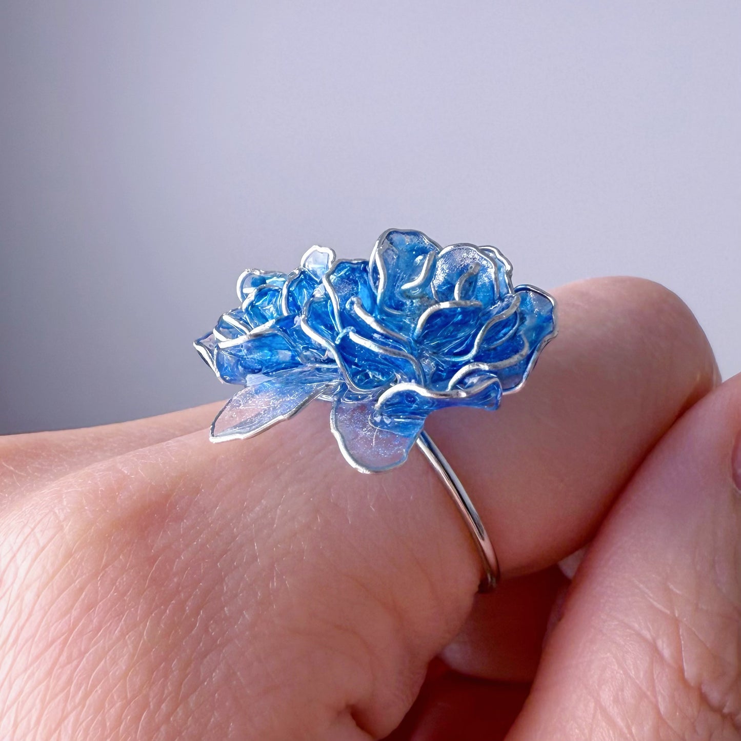 Handmade Blue Roses Two Flowers Ring