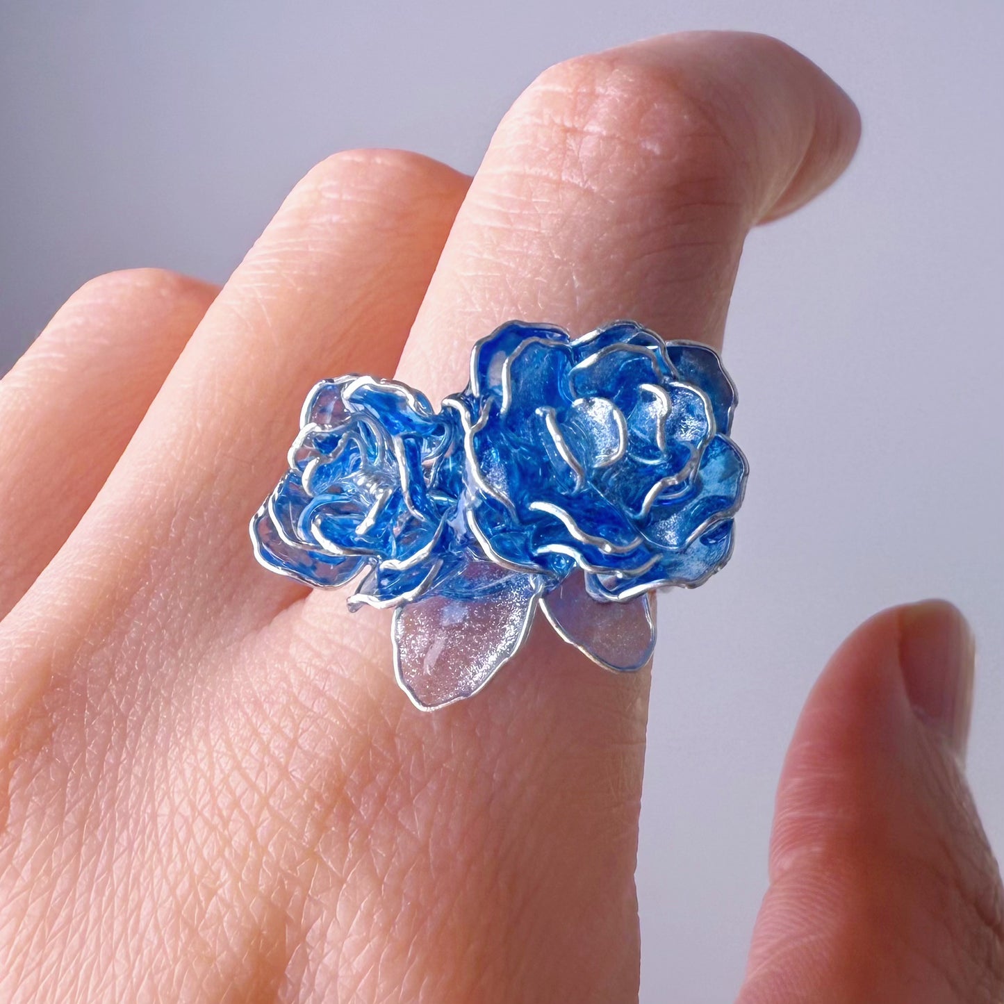 Handmade Blue Roses Two Flowers Ring