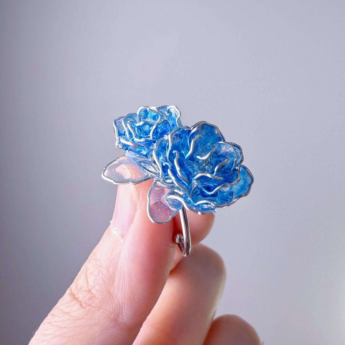 Handmade Blue Roses Two Flowers Ring