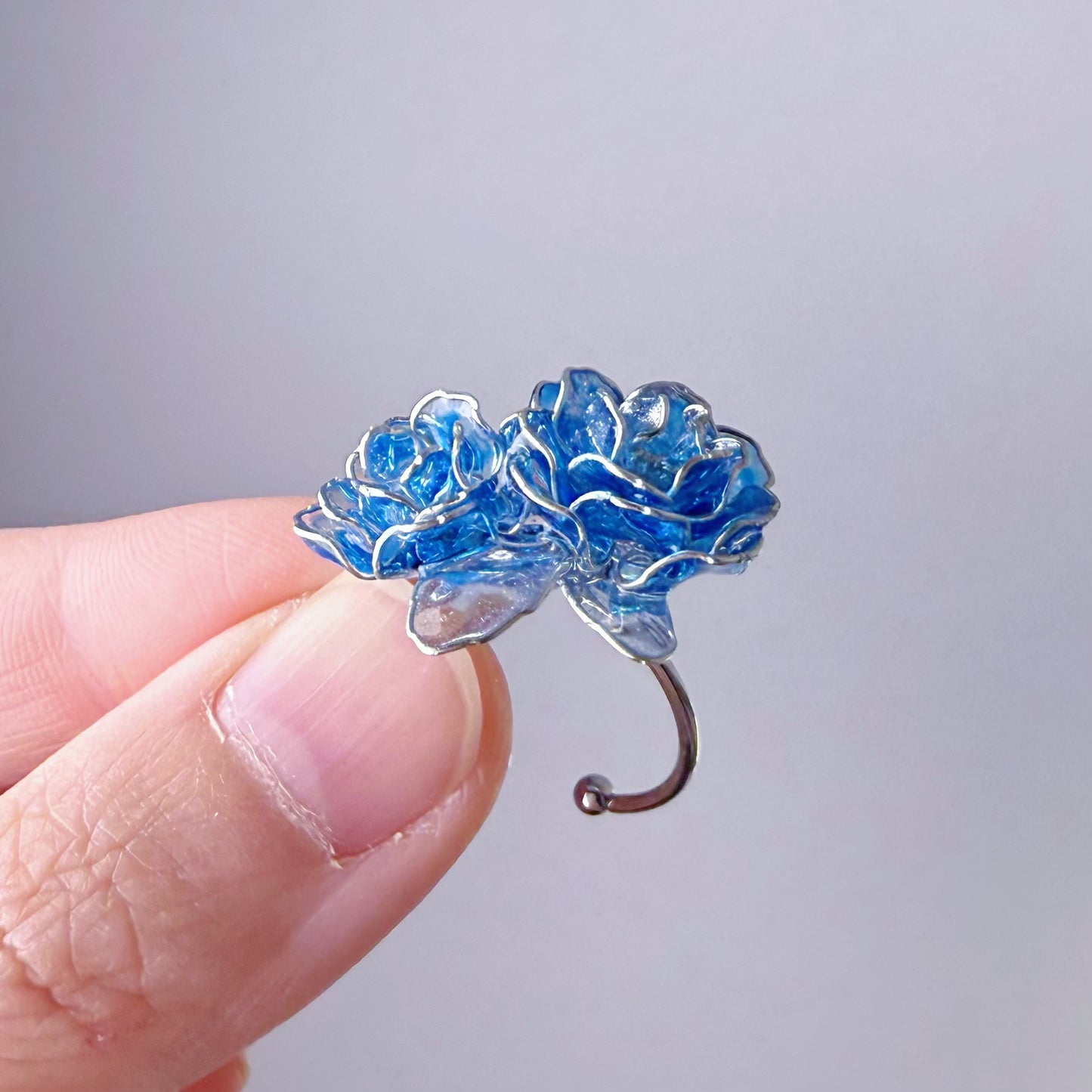 Handmade Blue Roses Two Flowers Ring