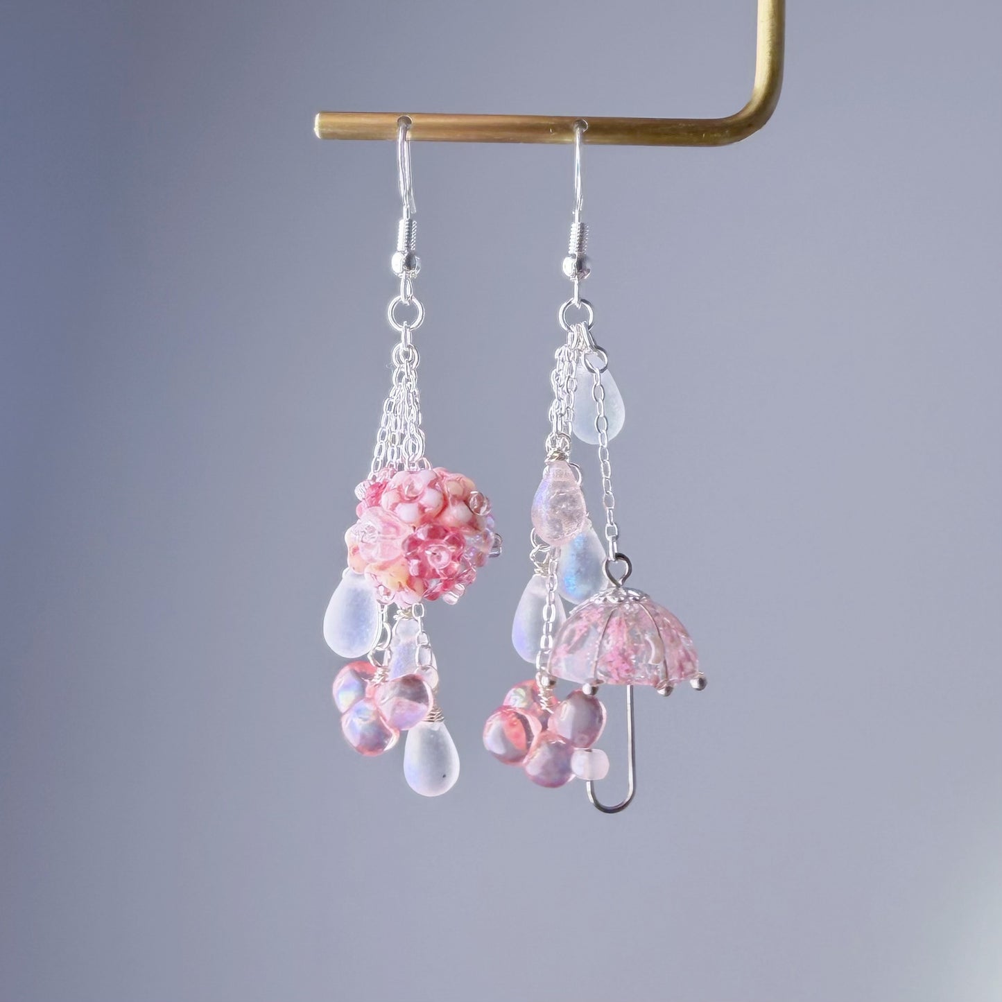 Handmade Pink Pressed Flowers Umbrella and Hydrangeas Mismatch Silver Earrings