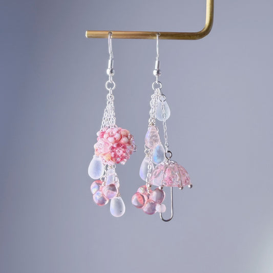Handmade Pink Pressed Flowers Umbrella and Hydrangeas Mismatch Silver Earrings