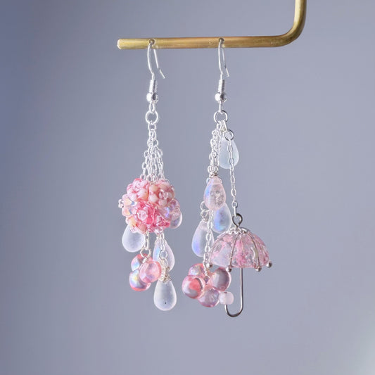 Handmade Pink Pressed Flowers Umbrella and Hydrangeas Mismatch Silver Earrings