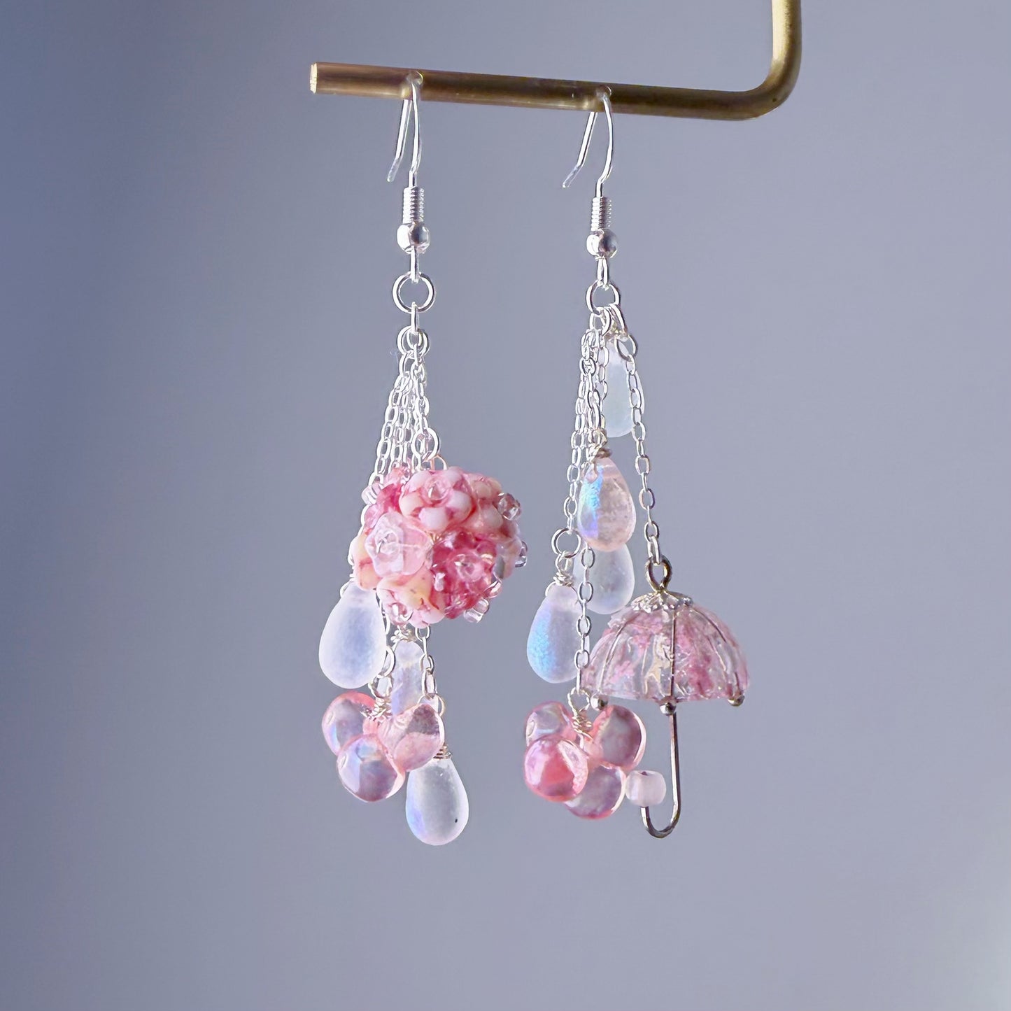Handmade Pink Pressed Flowers Umbrella and Hydrangeas Mismatch Silver Earrings