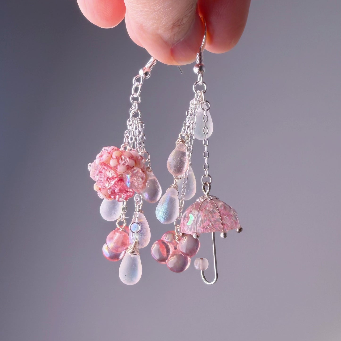 Handmade Pink Pressed Flowers Umbrella and Hydrangeas Mismatch Silver Earrings