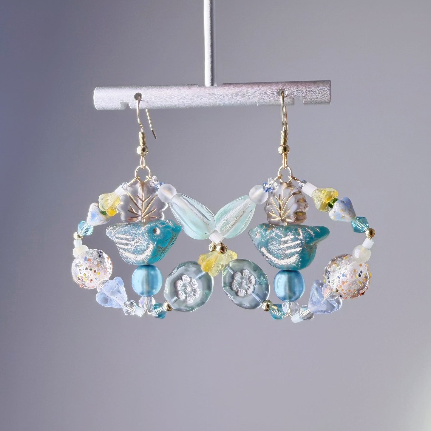 Handmade Blue Robin Bird and Flowers Glass Beads Hoop Earrings