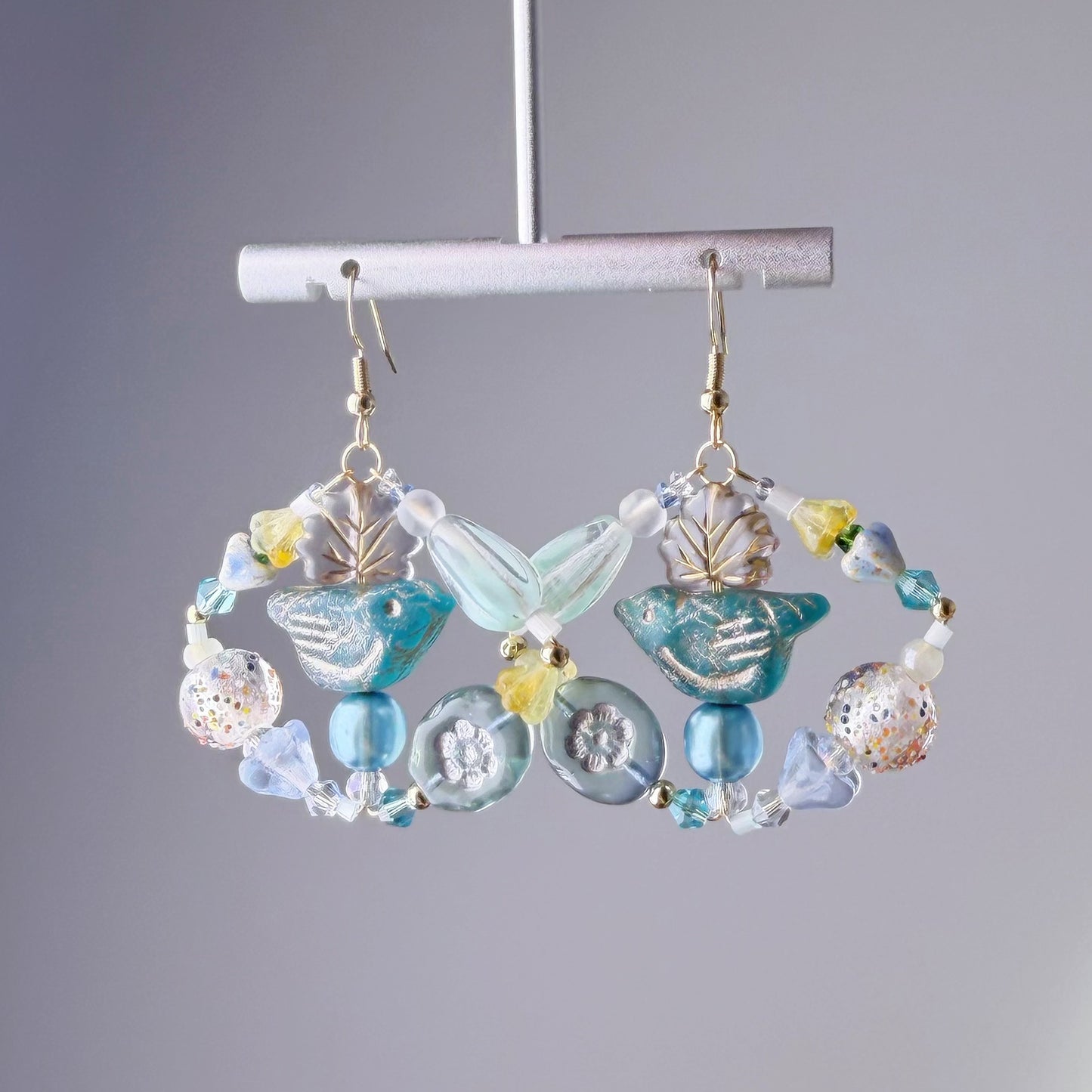 Handmade Blue Robin Bird and Flowers Glass Beads Hoop Earrings