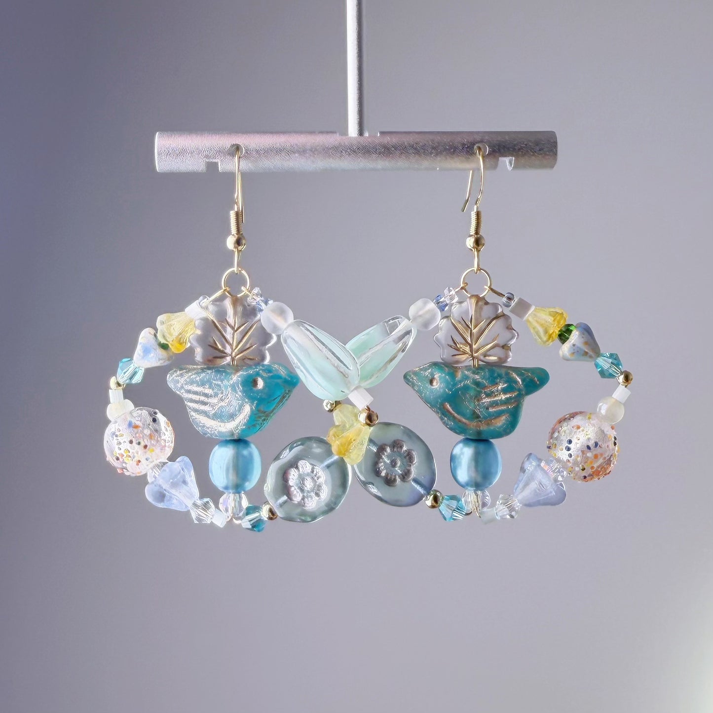 Handmade Blue Robin Bird and Flowers Glass Beads Hoop Earrings